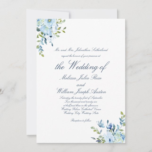 Invitation Whimsy Watercolor Bleu Mariage de script botanique (Devant)