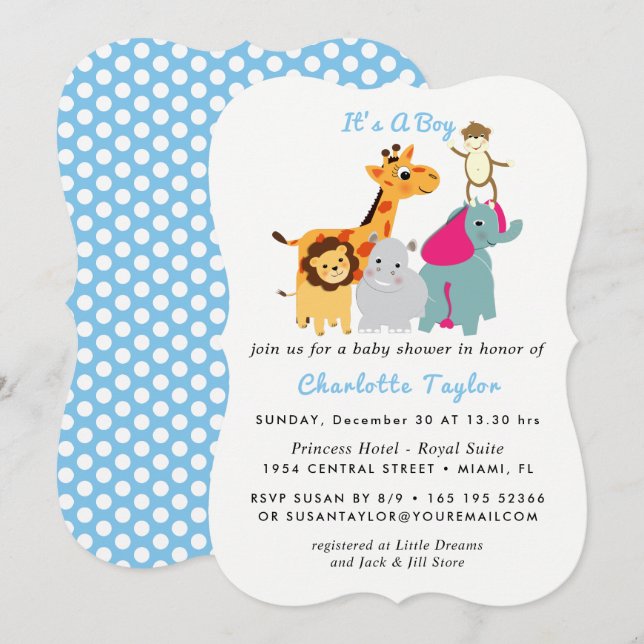 Invitation Whimsy Zoo Animaux mignons garçons Baby shower Inv (Devant / Derrière)