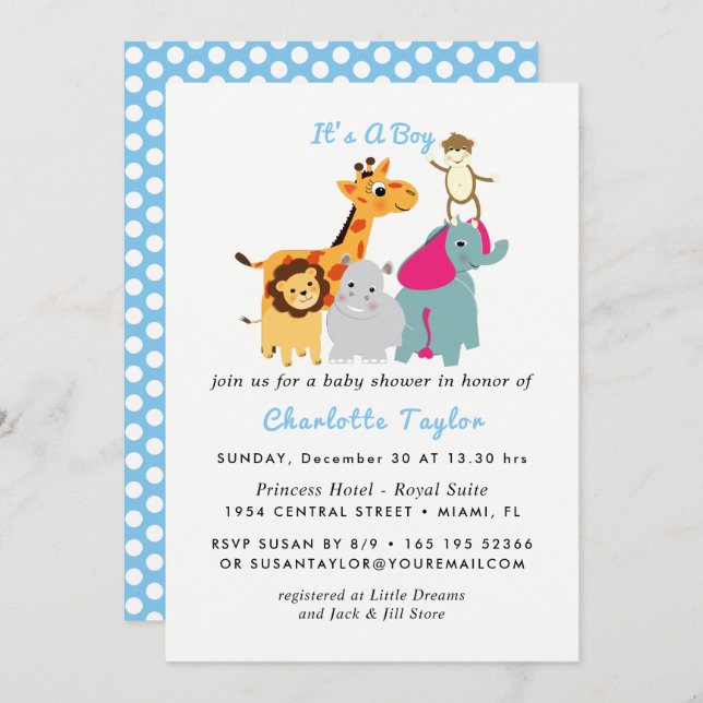 Invitation Whimsy Zoo Animaux mignons garçons Baby shower Inv (Devant / Derrière)