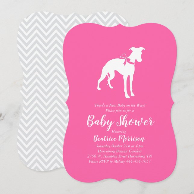 Invitation Whippet Chien Baby shower fille rose (Devant / Derrière)