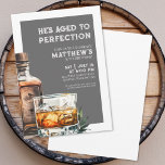 Invitation Whiskey, fête d'anniversaire masculine<br><div class="desc">Invitation d'anniversaire masculine classique à thème Whiskey. Célébrez cinquante ans avec cette invitation sophistiquée et masculine, mettant en vedette une grande bouteille de whisky à l'aquarelle et du verre sur le côté droit pour une touche moderne. "He's Aged to Perfection" est affiché en haut dans un mélange de polices serif...</div>