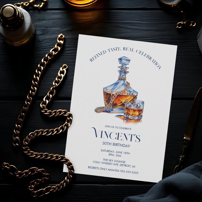 Invitation Whiskey & Gold Cuban-Link Chain Men’s Birthday (Men's Whiskey and Gold Cuabn Link Invitation)