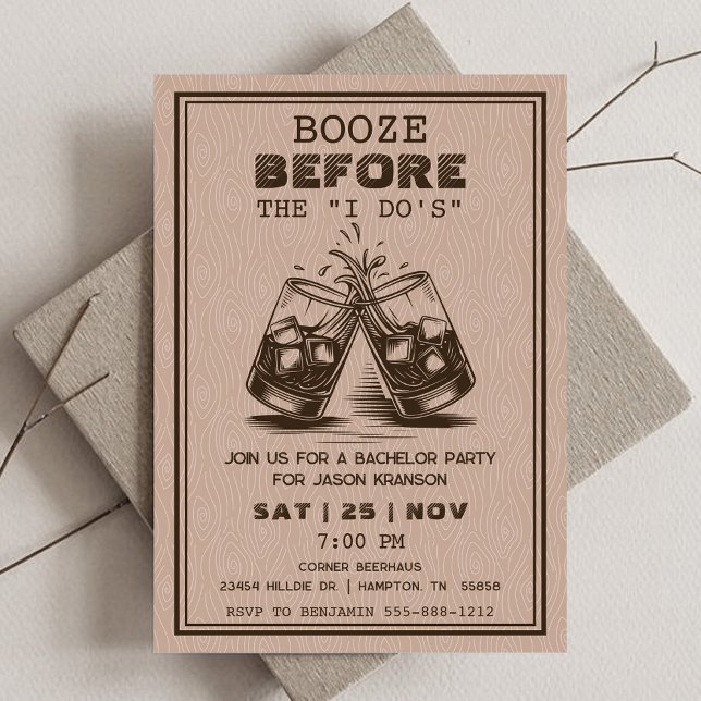 Invitation Whisky Bachelor (Booze Before I Do's Brown Wood Modern Bachelor Invitation.)