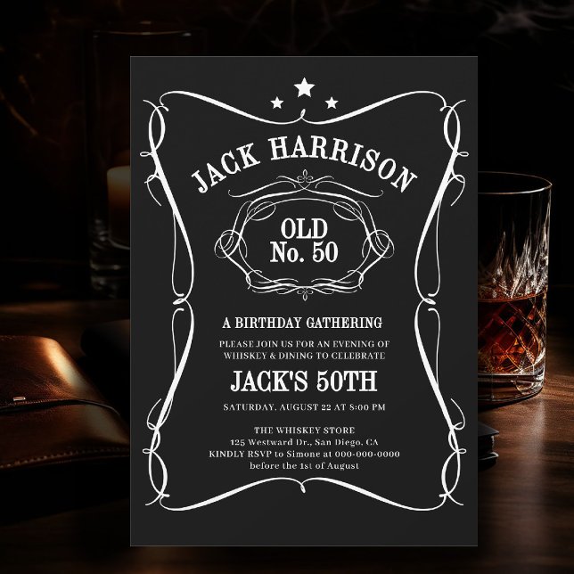Invitation Whisky Black White Label Old No. 50e Anniversaire (birthday party invitation for men 50th whiskey bourbon bottle label white black old no elegant class)