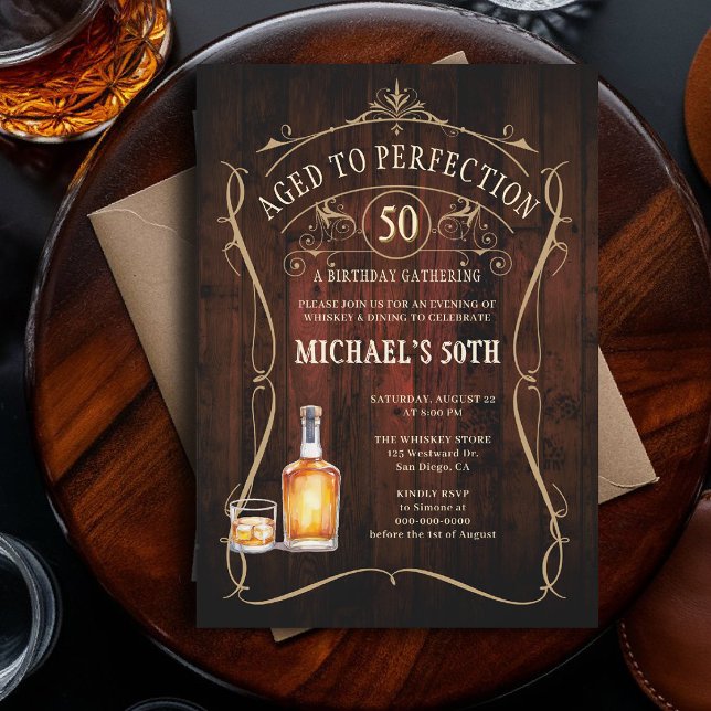Invitation Whisky Parfait Bois Foncé Rustique 50 ans Annivers (birthday party invitation for men 50th whiskey bourbon aged to perfection rustic western barn wood)