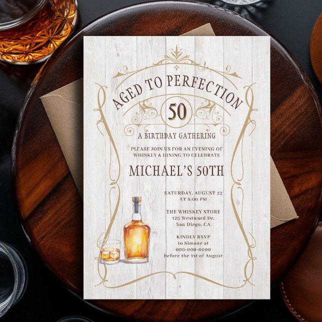Invitation Whisky Parfait Rustique Bois Blanc 50e Anniversair (birthday party invitation for men 50th whiskey bourbon aged to perfection western barn rustic wood)