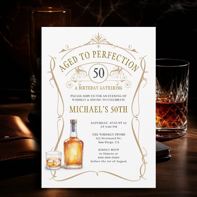 Invitation Whisky Vieilli à la Perfection Rustique 50e Annive (birthday party invitation for men 50th whiskey bourbon aged to perfection rustic western template)