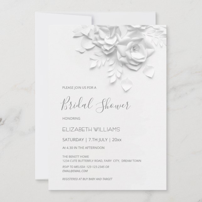 Invitation White 3D Flowers Roses Minimalist Bridal Shower  (Devant)