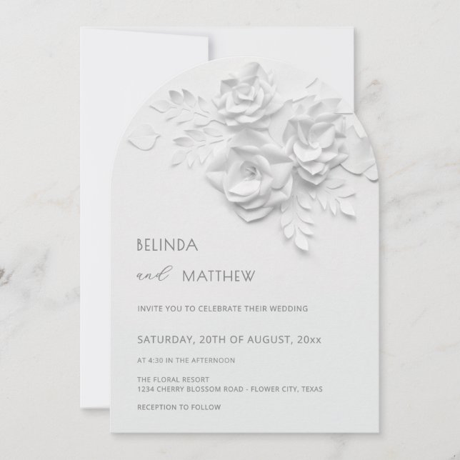 Invitation White 3D Flowers Roses Minimalist Wedding (Devant)