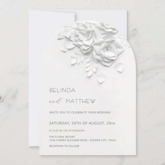 Invitation White 3D Flowers Roses Minimalist Wedding (Devant)
