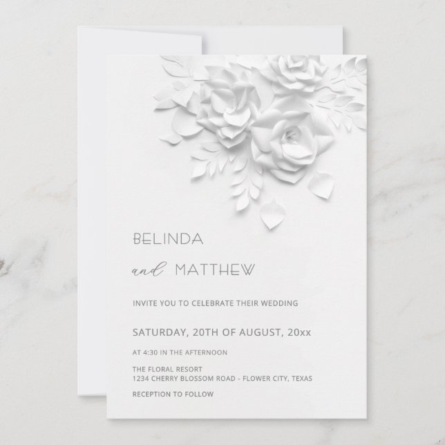 Invitation White 3D Flowers Roses Minimalist Wedding  (Devant)