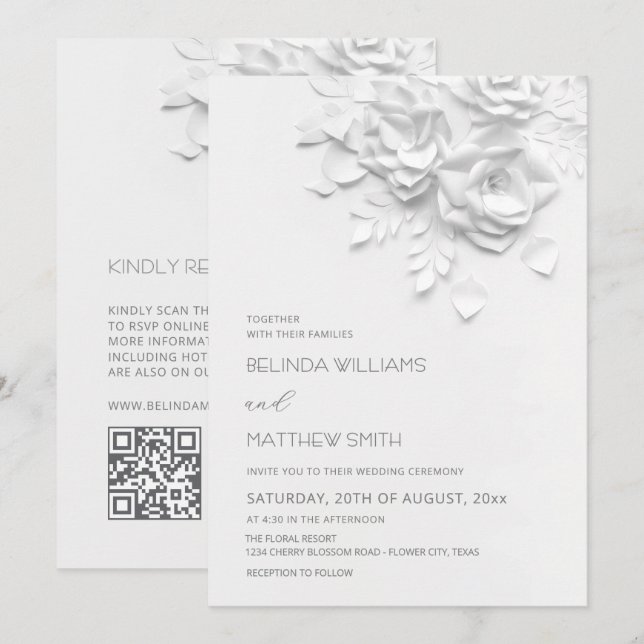 Invitation White 3D Flowers Roses Simple Wedding (Devant / Derrière)