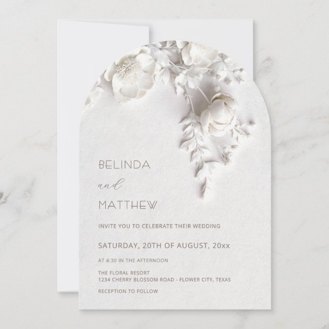 Invitation White 3D Flowers Roses Wedding (Devant)