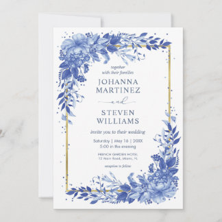 Invitation White and Blue Flowers Golden Frame Wedding