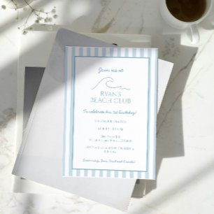 Invitation White and Blue Stripe Beach Club Cabana Anniversai