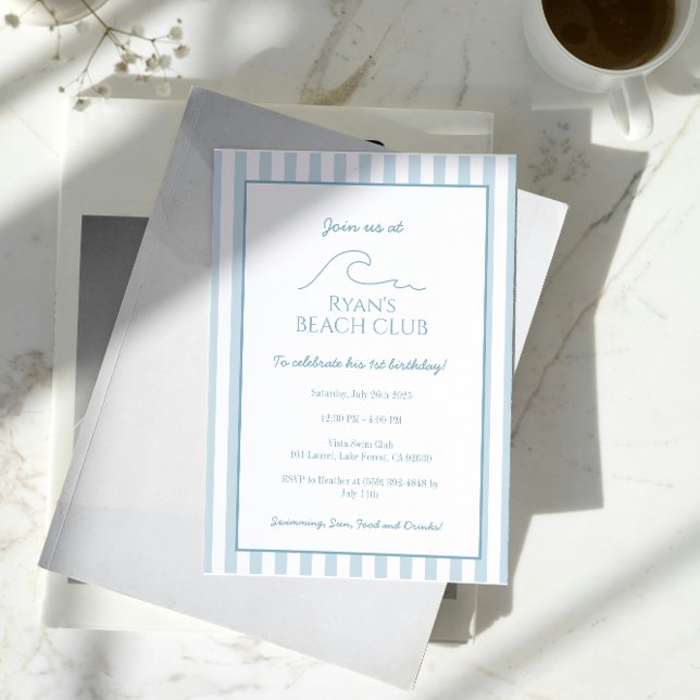 Invitation White and Blue Stripe Beach Club Cabana Anniversai (Créateur téléchargé)