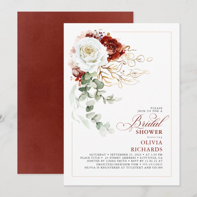 Invitation White and Burgundy Red Floral Fall Bridal Shower (Devant / Derrière)
