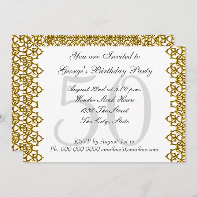 Invitation White and Gold 50th Birthday Party Blanc (Devant / Derrière)