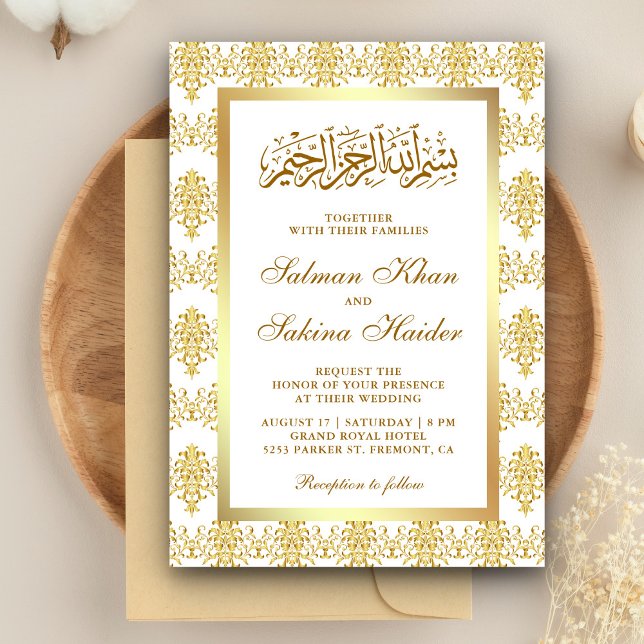 Invitation White and Gold Damask Islamic Muslim Wedding (Créateur téléchargé)
