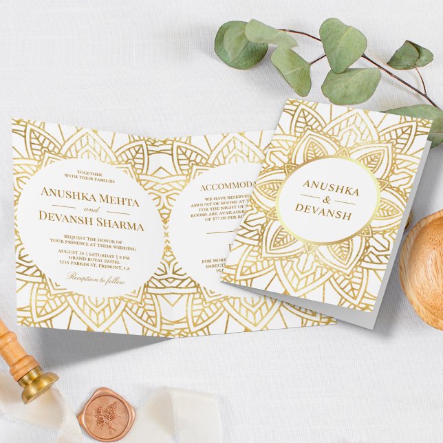 Invitation White and Gold Ethnic Mandala Indian Wedding (Créateur téléchargé)