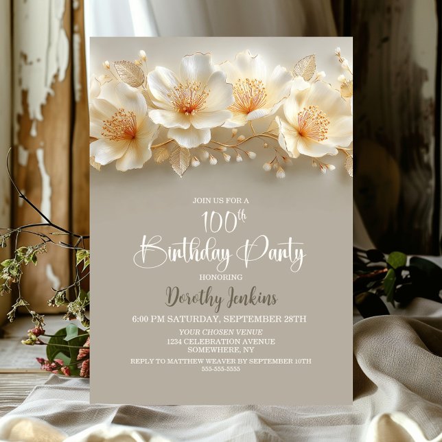 Invitation White and Gold Floral 100th Birthday Party (Créateur téléchargé)