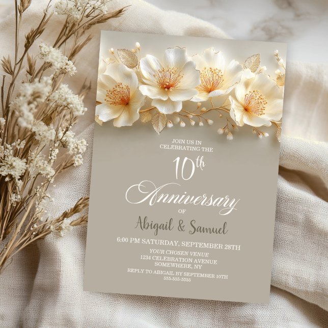 Invitation White and Gold Floral 10th Wedding Anniversary (Créateur téléchargé)