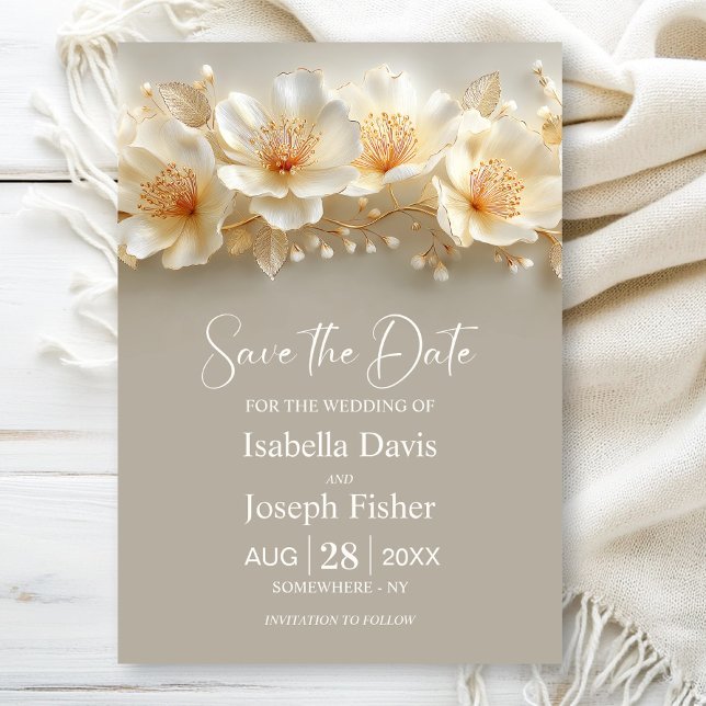Invitation White and Gold Floral Wedding Save the Date (Créateur téléchargé)