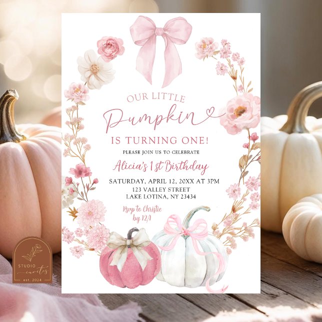 Invitation White and Pink Bow Coquette Pumpkin 1st Birthday  (Créateur téléchargé)