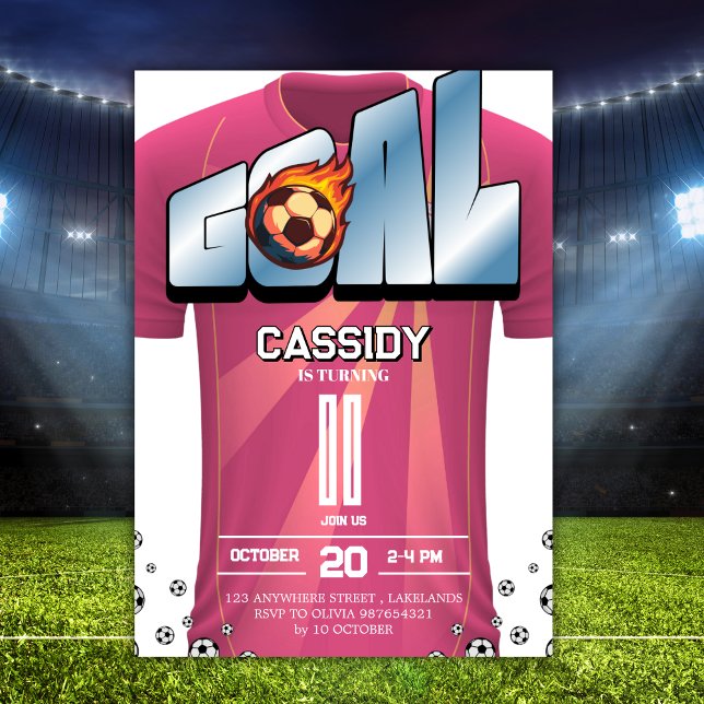 Invitation White and Pink Girl Soccer Shirt Birthday Party  (Créateur téléchargé)