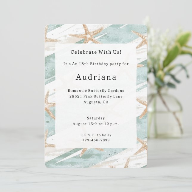 Invitation White Aqua Starfish Beach Anniversaire (Debout devant)