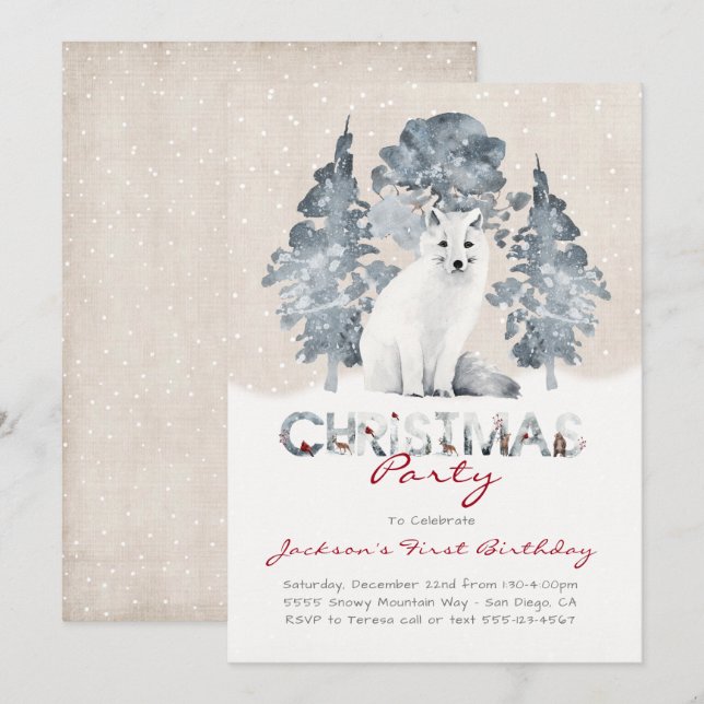 Invitation White Artic Fox Woodland Noël fête d'anniversaire (Devant / Derrière)