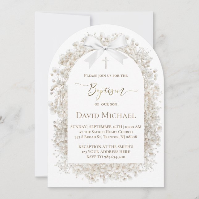 Invitation  white baby's breath flowers Baptism (Devant)