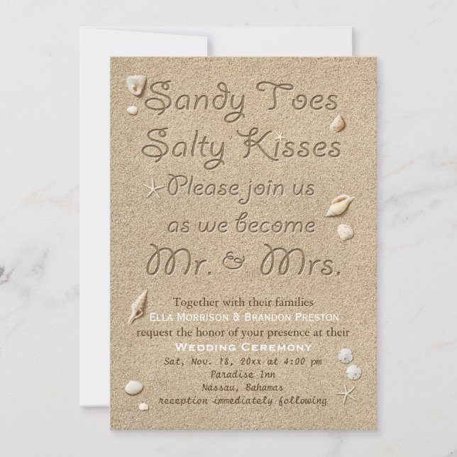 Invitation White Beach Sandy Toes Salty Baisers Mariage (Devant)