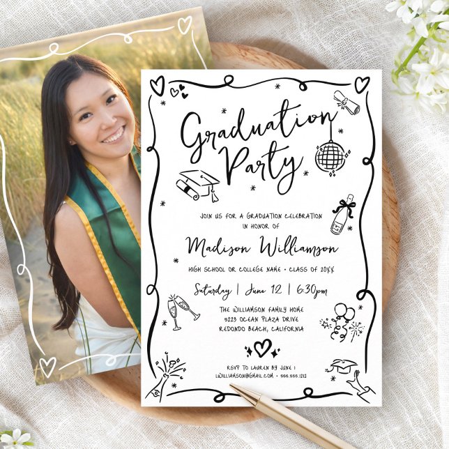 Invitation White Black Hand Drawn Doodle Photo Graduate Party (Créateur téléchargé)