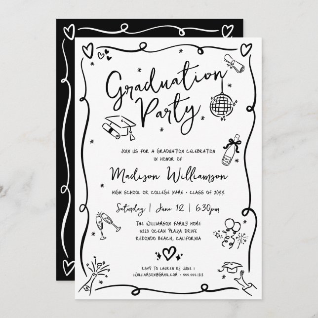 Invitation White Black Hand Drawn Doodles Graduation Party (Devant / Derrière)