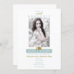 Invitation White Blue Gold Modern Photo Party