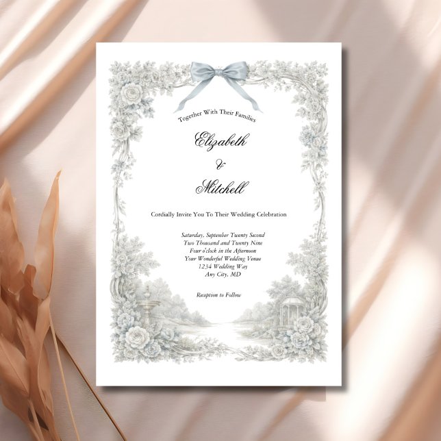 Invitation White Blue Toile Floral Coquette Bow Elegant  (White Ivory Light Blue Toile Florals and coquette Bow Elegant Wedding invitation. Printed or Digital)
