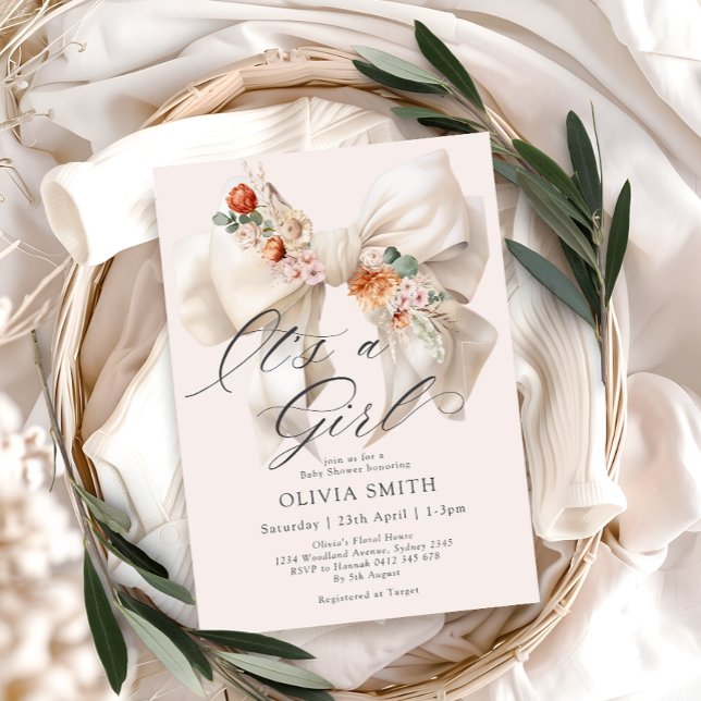 Invitation White Bow C'est une fille Baby shower floral (Créateur téléchargé)