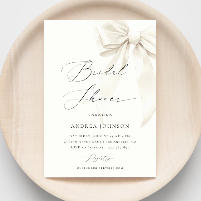 Invitation White Bow Elegant Script Classy Chic Bridal Shower (Créateur téléchargé)