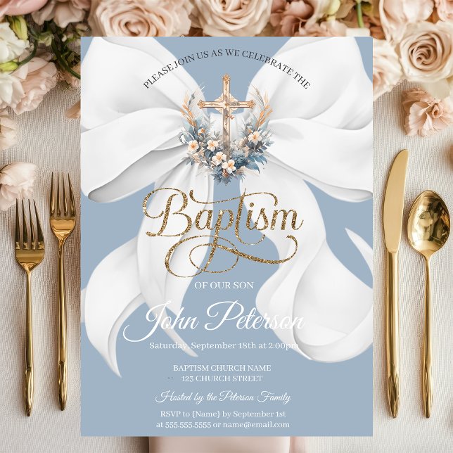 Invitation White Bow Floral Cross Baptism Dusty Blue (Créateur téléchargé)