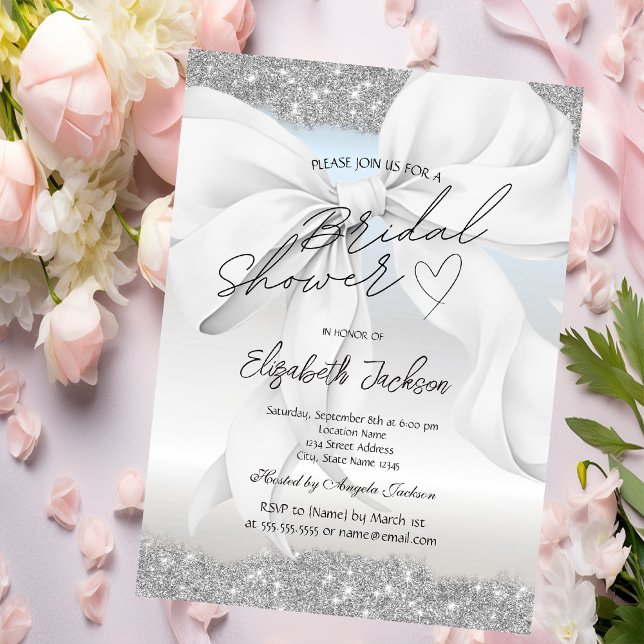 Invitation White Bow Silver Sparkle Glitter Bridal Shower  (Créateur téléchargé)