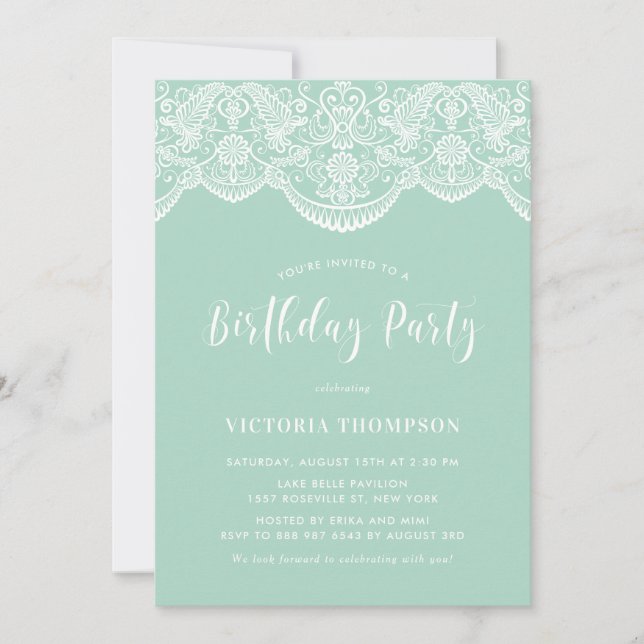 Invitation White Brocade Lace Mint Green Anniversaire (Devant)