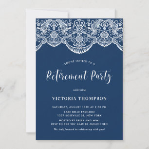 Invitation White Brocade Lace Navy Blue Retirement Party
