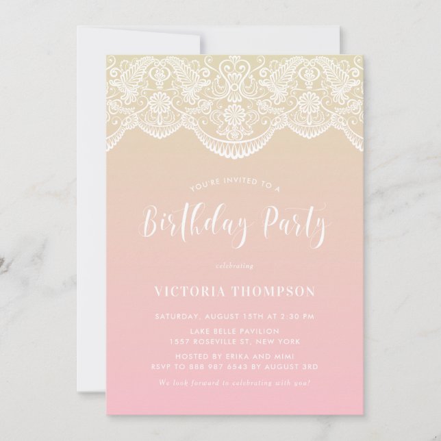 Invitation White Brocade Lace Pink Ombre fête d'anniversaire (Devant)