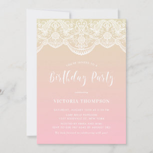 Invitation White Brocade Lace Pink Ombre fête d'anniversaire