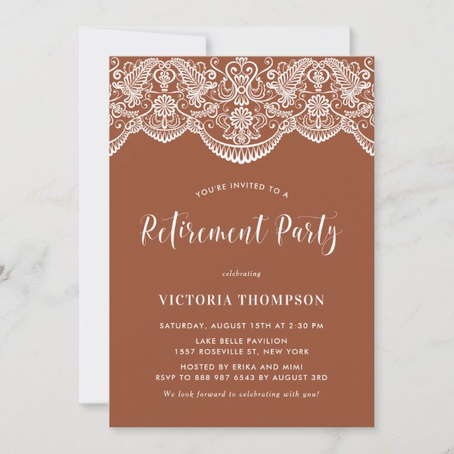 Invitation White Brocade Lace Terracotta Retraite Party (Devant)