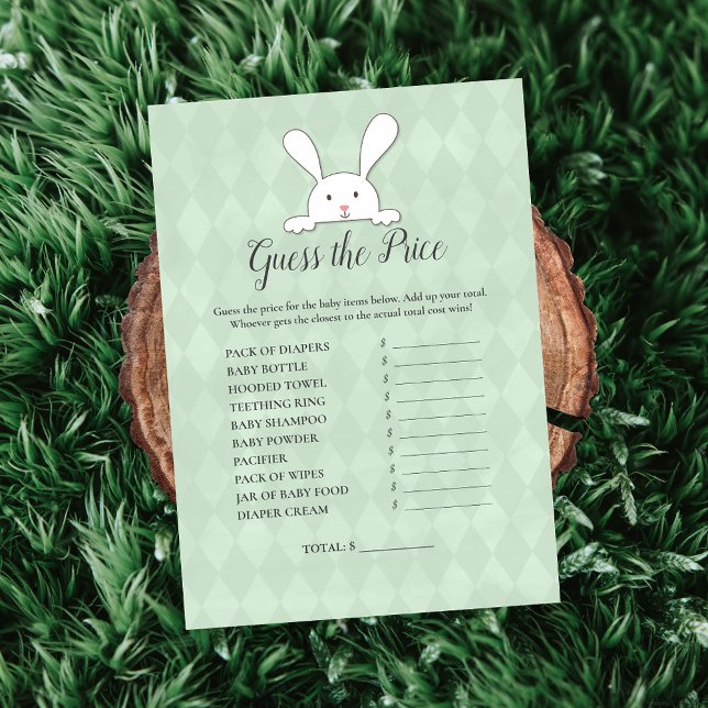 Invitation White Bunny Green Devinez Le Baby shower Prix Jeu (Créateur téléchargé)