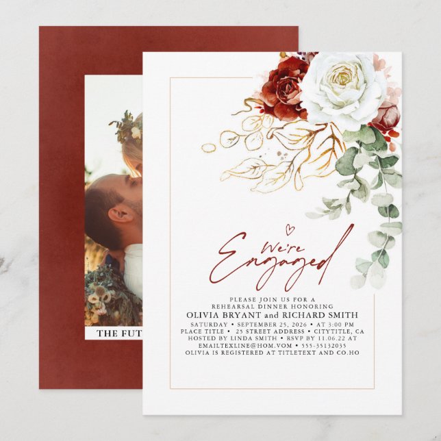 Invitation White Burgundy Red Floral Engagement Party Photo (Devant / Derrière)
