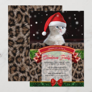 Invitation White Cat à Santa Claus Hat