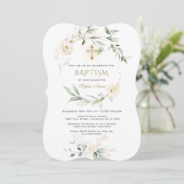 Invitation White Cream Floral Greenery Gold Cross Baptism  (Debout devant)